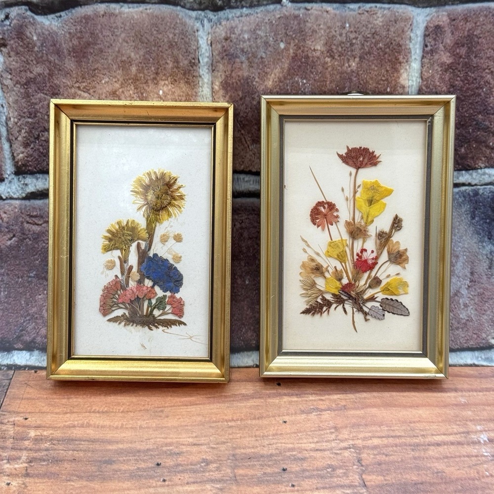 Dried Flowers Art Gold-Tone Frame Set of 2 Reichlin of Switzerland/ Austria VTG